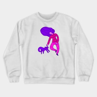 Cool girl with purple hair and purple cat walking, version 5 Crewneck Sweatshirt